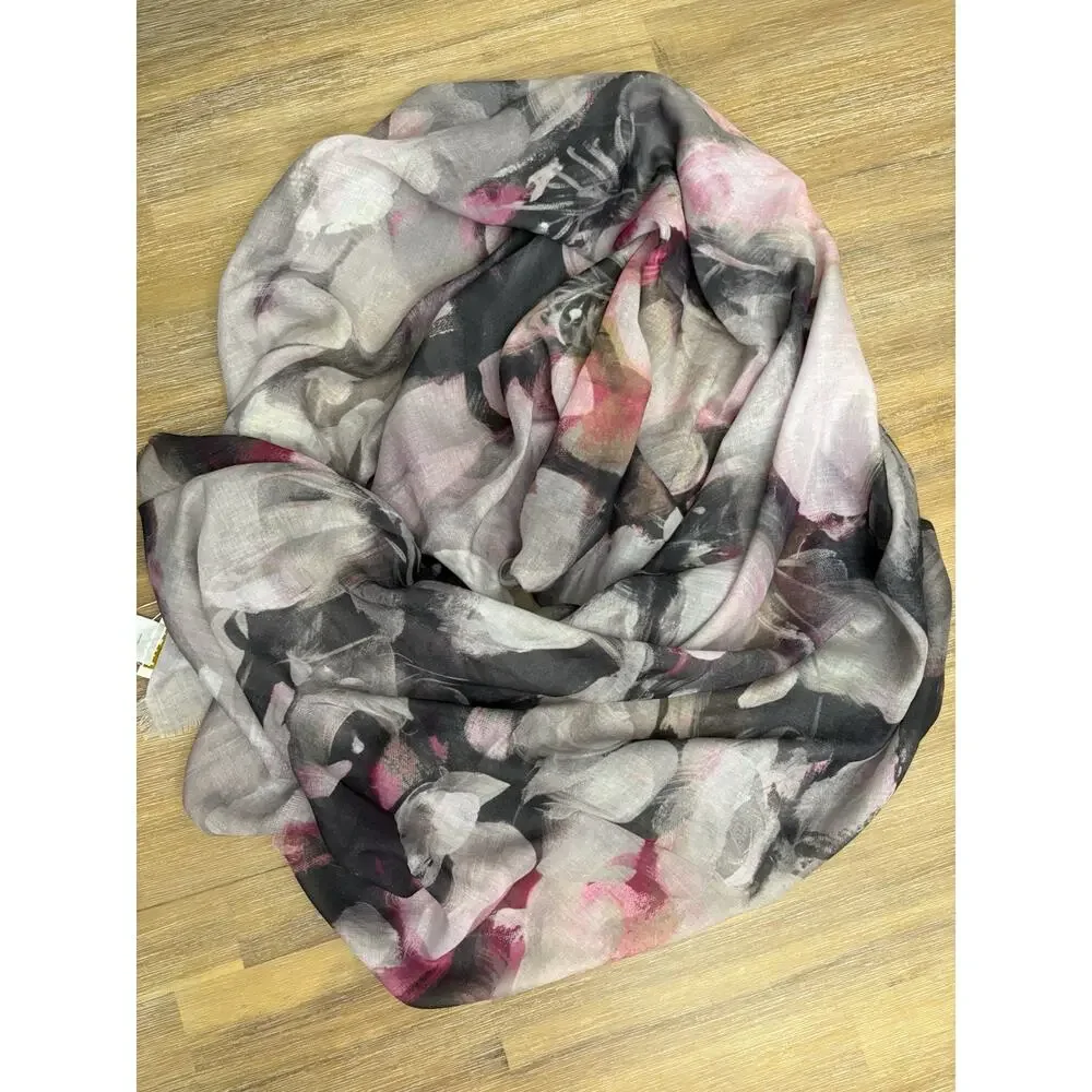 Laura Women’s Scarf Wrap Shawl Gray Floral 100% Polyester Lightweight Fringe